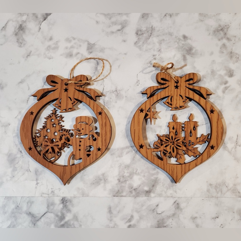 Christmas Decorations Laser 3D Cut Wood Ornaments Snowman & Candles Set Of 2